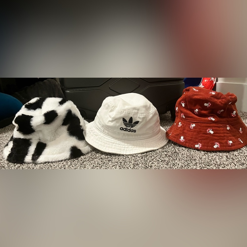 3 bucket hats, mushroom is from Urban Outfitters. Others unknown.